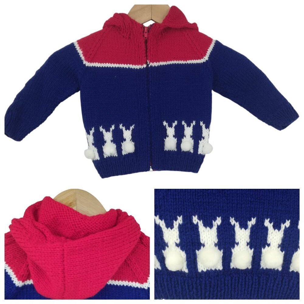 Vintage Hand Knit Bunny Cardigan Sweater Size 24M? Hood Zip Up Bobble Handmade